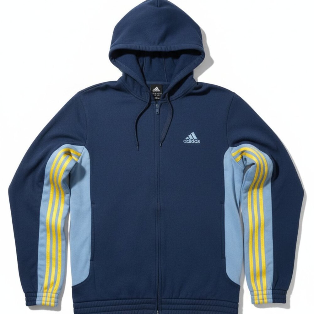 ADIDAS Mens Active 360 Hoodie Fleece Jacket Medium Blues & Yellow 3 stripes